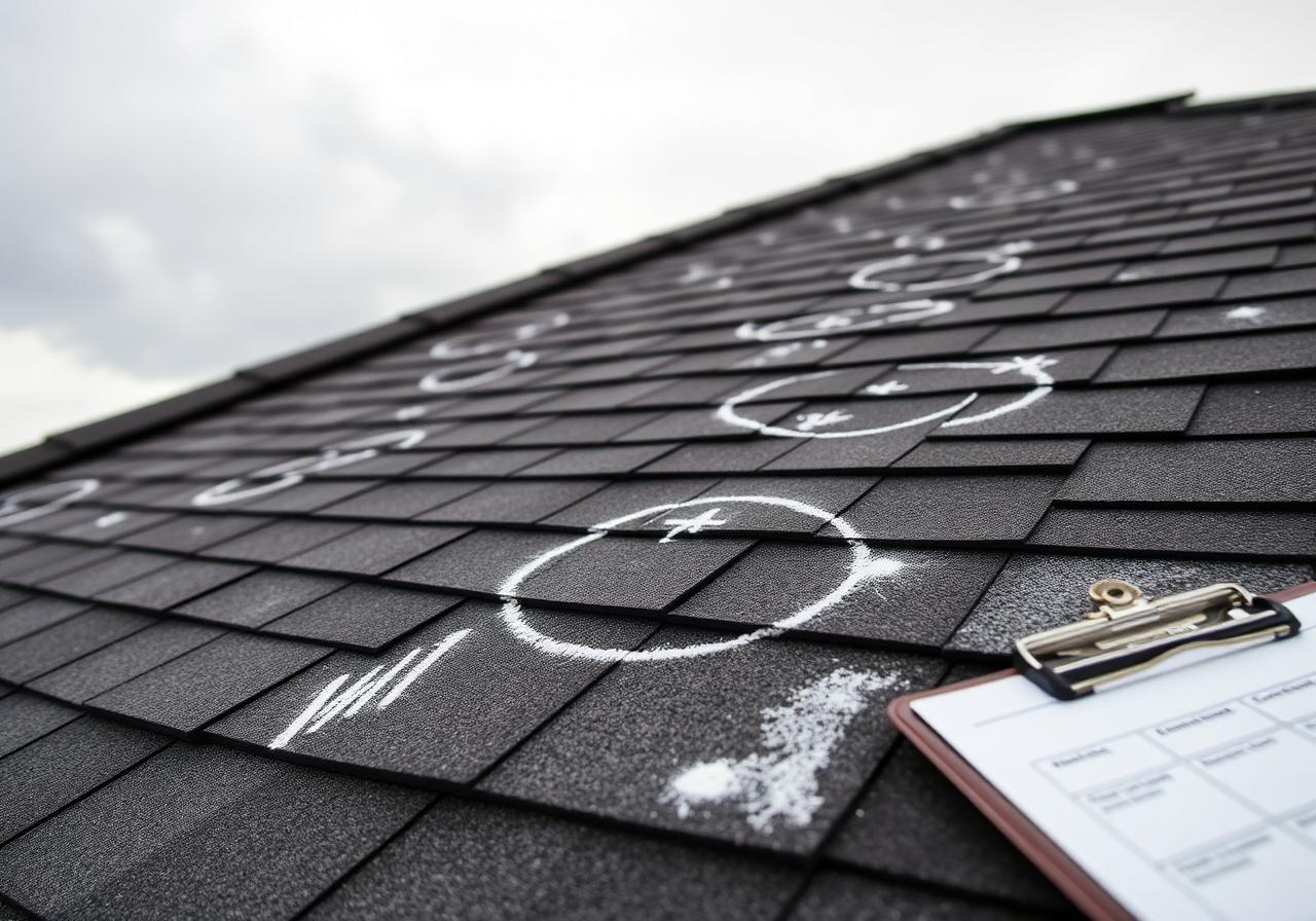 Hail-damaged shingle with chalk inspection circles